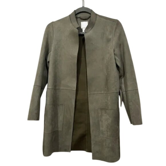H&M green grey faux suede open front longline coat size 0 - Picture 4 of 7
